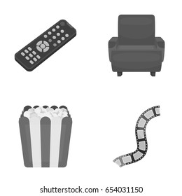 Control panel, an armchair for viewing, popcorn.Films and movies set collection icons in monochrome style vector symbol stock illustration web.