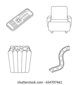 Control panel, an armchair for viewing, popcorn.Films and movies set collection icons in outline style vector symbol stock illustration web.