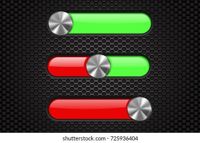 Control panel with black slider bar. Green and red on black perforated background. Vector 3d illustration