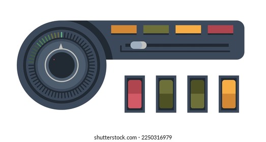 Control panel with buttons and knobs, indicators and elements of electronic or electric equipment. Isolated controller levers or switchers for turning on and off. Vector in flat style illustration