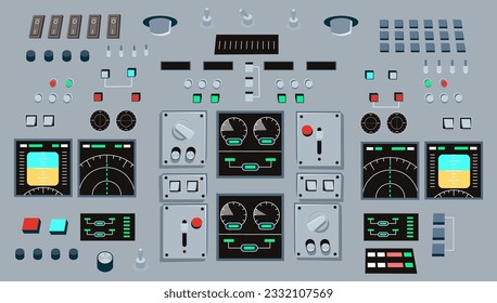 Control panel with buttons. Spaceship cockpit control panel, dashboard airplane or panel by factory. Vector cartoon illustration