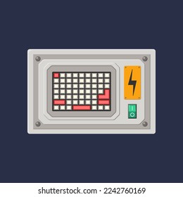 Control panel with buttons and switch illustration. Retro console with buttons. Metal dashboard or display of spacecraft or space ship. Equipment, machine, computer concept