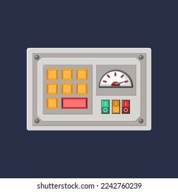 Control panel with buttons, switches and dial cartoon illustration. Retro console with buttons. Metal dashboard or display of spacecraft or space ship. Equipment, machine, computer concept