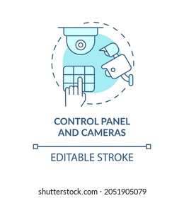 Control Panel And Cameras Blue Concept Icon. House Safeguard Abstract Idea Thin Line Illustration. Home Protection System. Remote And Wired. Vector Isolated Outline Color Drawing. Editable Stroke