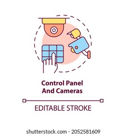 Control Panel And Cameras Concept Icon. House Safeguard Abstract Idea Thin Line Illustration. Home Protection System. Remote And Wired. Vector Isolated Outline Color Drawing. Editable Stroke