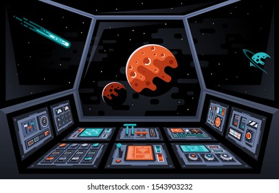 Control panel dashboard in the interior of the spaceship. Cabin of spacecraft. Planets and stars in the windows. Vector illustration.