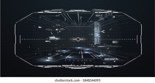 Control panel dashboard in the interior of the spaceship. Virtual reality racing game screen interface template. Volumetric space of VR with Head-up display design in HUD style.  High tech gui screen 