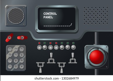 Control panel with display, buttons and handles. Vintage metalic controller. Industry equipment. Laboratory dashboard.