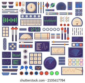 Control panel elements, buttons dials, tuners and connection ports. Retro control panel interface elements vector illustration set. Electronic spacecraft dashboard parts. Button panel interface