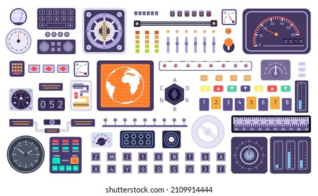 Control panel elements, spaceship switches, buttons, dials and screens. Flat retro spacecraft dashboard console monitor and knob vector set. Vehicle technical station with indicators