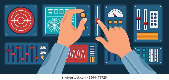 Control panel interface with hands. Adjusting settings of spaceship console with gauges, sliders and switches. Flight monitoring system with complex control mechanisms. Cartoon vector illustration.