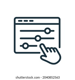 Control Panel Line Icon. Adjustment Button with Hand Linear Pictogram. Control Panel and Pointer Outline Icon. Multimedia adjusting symbol. Editable Stroke. Isolated Vector Illustration. - Shutterstock ID 2040852563