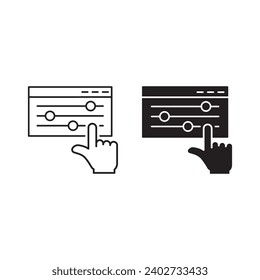 Control Panel Line and Silhouette Icon Set. Adjustment Button with Hand Pictogram. Control Panel and Pointer Sign. Multimedia Adjusting Symbol Collection. Isolated Vector Illustration.