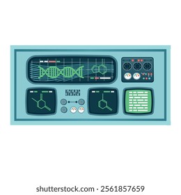Control panel. Metal electronic panel of a spaceship with neon elements. Element for creating a background.