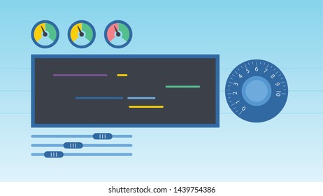 Control panel with monitor, control bars, control knobs and meters.