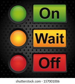 Control Panel, On, off, wait buttons, leds, carbon background, machinery, machine operation, production, industry vector background.