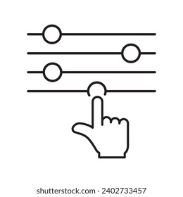 Control Panel and Pointer Line Icon. Adjustment Button with Hand Linear Pictogram. Control Panel Outline Icon. Multimedia adjusting symbol. Editable Stroke. Isolated Vector Illustration.