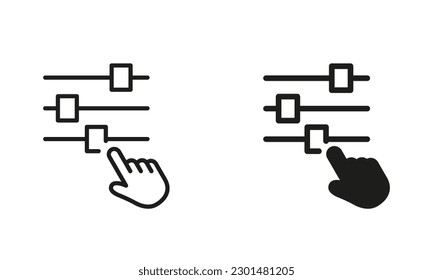 Control Panel and Pointer Line and Silhouette Icon Set. Adjustment Button with Hand Pictogram. Control Panel Sign. Multimedia Adjusting Symbol Collection. Isolated Vector Illustration.