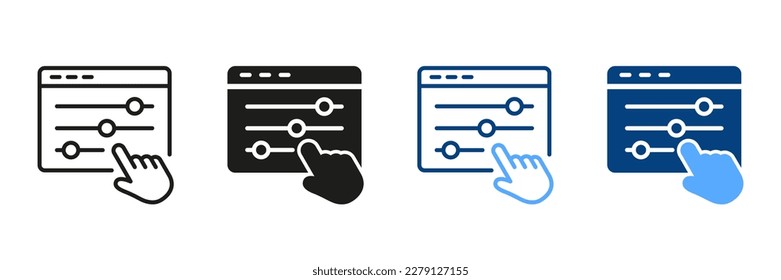 Control Panel and Pointer Sign. Multimedia Adjusting Symbol Collection. Control Panel Line and Silhouette Icon Set. Adjustment Button with Hand Pictogram. Isolated Vector Illustration.
