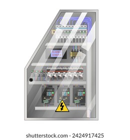 Systemsteuerung. Produktionssteuerpult und Steuerung von Computergeräten. Touchpad. Transparente Tür. Vektorgrafik