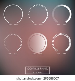 Control panel : Regulators, force sensors, power, heat, cold, pressure, speed, intensity, saturation. On blurred background in linear style