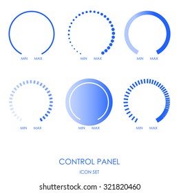 Control panel : Regulators, force sensors, power, heat, cold, pressure, speed, intensity, saturation. On blue background in linear style