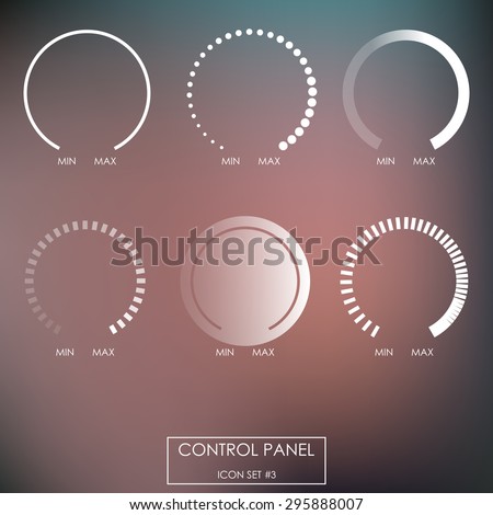 Control panel : Regulators, force sensors, power, heat, cold, pressure, speed, intensity, saturation. On blurred background in linear style