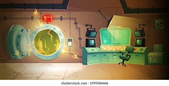 Control Panel Room In Nuclear Power Plant With Open Door To Reactor. Vector Cartoon Interior Of Command Center In Underground Bunker, Shelter Or Secret Laboratory With Green Glow Of Radiation