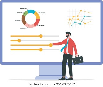 Control Panel oder Schieberegler für Marketing-Kampagnen-Optimierung, SEO oder Online-Service-Anpassung, Anwendungsentwicklungskonzept, Geschäftsleute steuern Schieberegler-Schnittstelle zur Optimierung des Systems.

