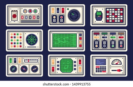 Control panel in spaceship with all kinds of controls. Vector illustration.