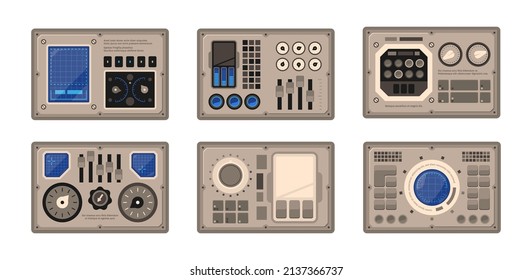 Control panel. Spaceship ui dashboard round controllers buttons displays and controlling computer devices garish vector flat templates collection