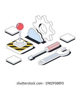 Control panel, tools screwdriver and wrench, gear settings, cloud technology. Vector 3d line isometric, color web icons, new flat style. Creative design idea for infographics.