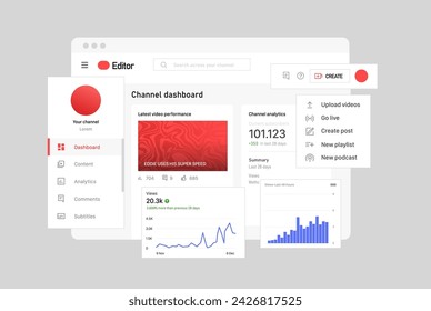 Control Panel for working on the Channel. Channel Dashboard. Vector illustration. Online video editing program