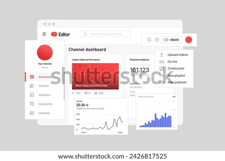 Control Panel for working on the Channel. Channel Dashboard. Vector illustration. Online video editing program