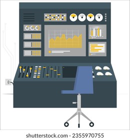 Bedienfelder. Geräte aus dem Kontrollraum. Vektorgrafik. Bedienfeldstruktur mit vielen Tasten. Teil der Kraftwerkssteuerung mit Schaltern und Lampen. 2396