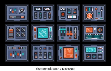 Control panels set. Devices from the control room of the spacecraft. Vector illustration.