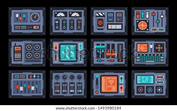 Control panels set. Devices from the\
control room of the spacecraft. Vector\
illustration.
