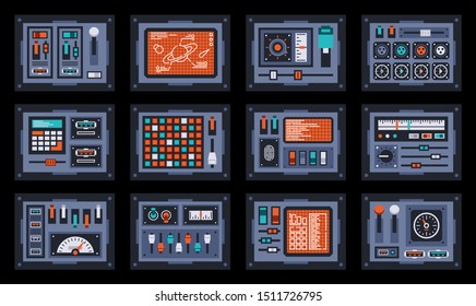 Control panels from space ship or science station. Dashboard console of control room. Vector illustration.