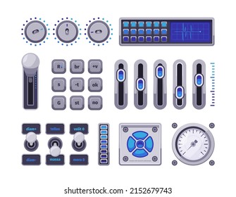 Control panels. Ui elements buttons checkboxes switch dots electric meter display music amplified volume control dashboards garish vector templates