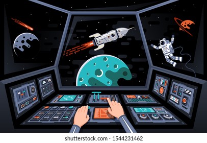 Control panels and view from the cockpit of the spaceship. Astronaut's hands on the dashboard of the spacecraft. Vector illustration.