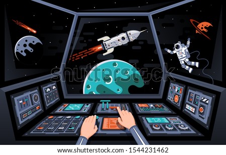 Control panels and view from the cockpit of the spaceship. Astronaut's hands on the dashboard of the spacecraft. Vector illustration.