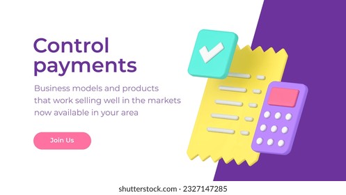 Control de pagos servicios web de banca gestión de transacciones de cuenta financiera 3d banner ilustración vectorial realista. Página de inicio del cálculo de la recepción de la contabilidad de pago de éxito seguro