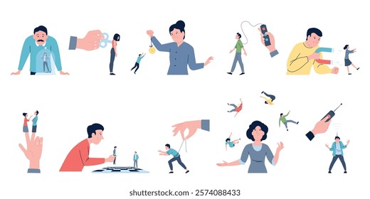 Control of people. Boss manipulators, work harassment and mental violence. Political plays of lives, money or relationship manipulations, recent vector set