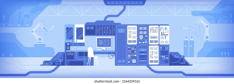 Control point and computer screens in server room. Flat color vector illustration. Data center equipment. Digital technology industry 2D simple cartoon objects in interior with machinery on background