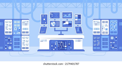 Control point and computer screens in server room. Flat color vector illustration. Data center equipment. Digital technology industry 2D simple cartoon objects in interior with machinery on background