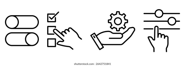 Control preference customization interface toggle configuration access adjustment options selection interaction setup management system usability hand icon vector illustration.