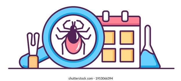 Control And Preventing Ticks And Lyme Disease On Pets.Tick Season.Tweezers And Medical Drops For Treatment. Calendar And Magnifying Glass With Insect. Vector Flat Illustration.