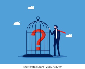Control problems and lack of freedom of thought. Businessman keeps a question mark in a cage