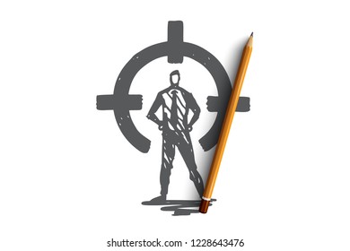 Control, rear sight, aim, target, circle concept. Hand drawn person in suit on rear sight concept sketch. Isolated vector illustration.