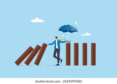 Control risk in investment crisis, failure prevention, stop domino effect, protection or solution to solve problem, stop uncertainty or insurance concept, businessman stop domino collapsing despair.